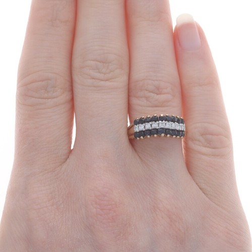 Yellow Gold Sapphire Diamond Cluster Ring - 14k Round 1.44ctw Tiered Stripes - Picture 2 of 9