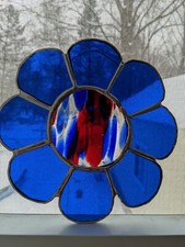 HANDCRAFTED STAINED GLASS SUNCATCHER BLUE FLOWER WITH R,W,B CENTER. CUSTOM
