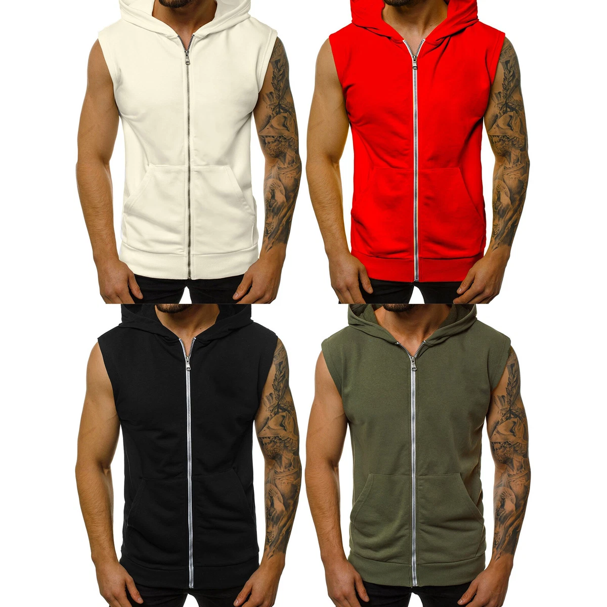 Mens Sleeveless Hooded Shirts+Pockets Full Zip Hoodie Muscle Vest Gym Tank  Top