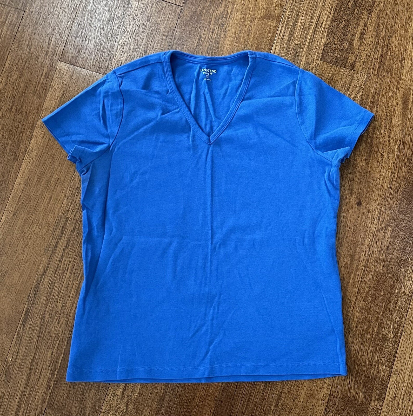 Lands End Blue V-Neck Short Sleeve Shaped Fit Tee Size L/P  
