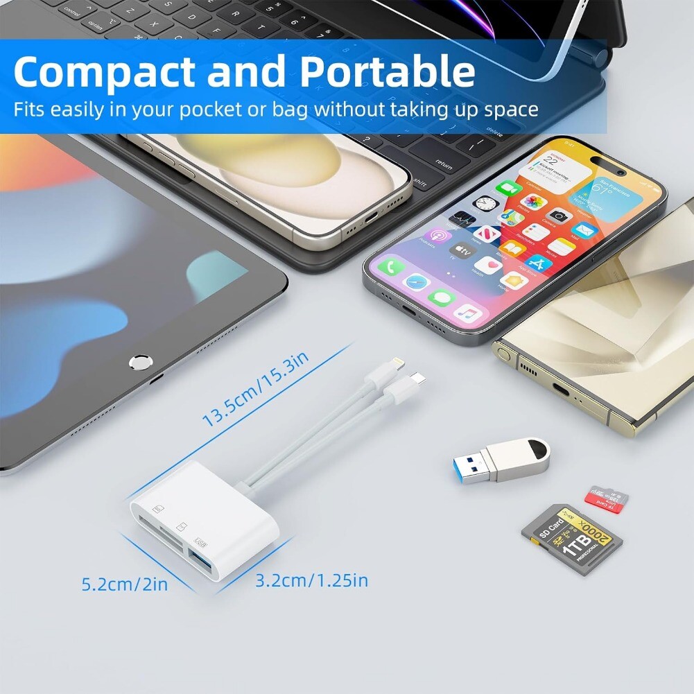 5-in-1 Memory Card Reader - USB C & Lightning to SD/TF/OTG for Micro SD/SDHC/MMC