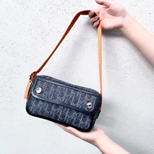 Auth CHRISTIAN DIOR Flight Line Trotter Shoulder Bag Navy Orange Canvas Vintage