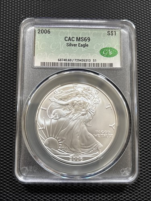 #ad 2006 American Silver Eagle CAC MS69 1 oz .999 Silver $1 NGC Certified Green CAC $149.95