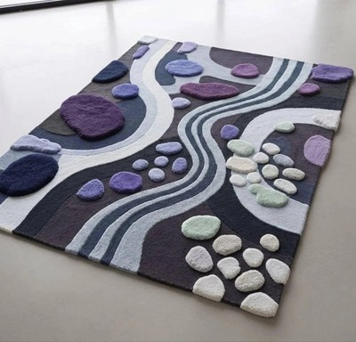 Hand-Tufted Wool Abstract River Stone Accent Rug Purple Grey Wavy Pebble Design