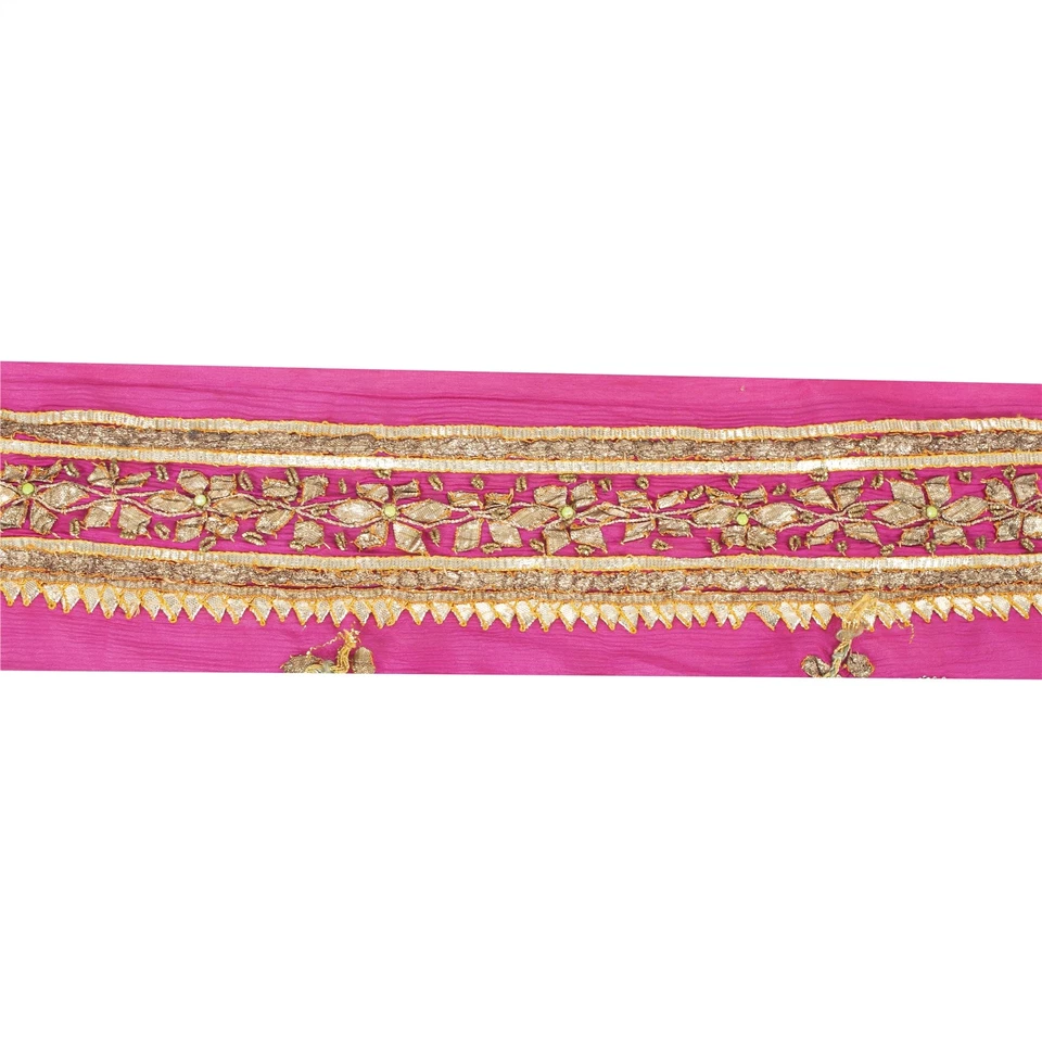 Sanskriti Vintage Sari Border Cuentas a Mano Gota Patti Gasa 1 Yarda Borde Rosa Encaje Foto 4 de 4