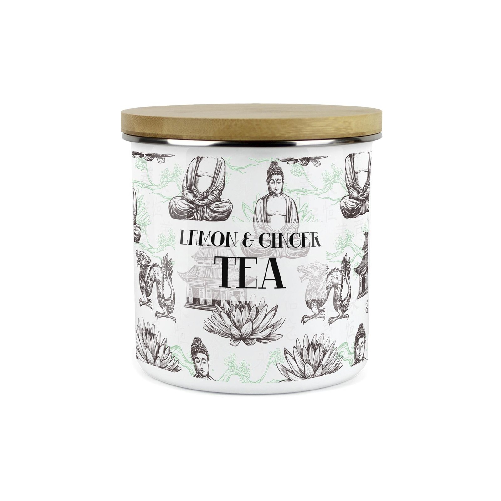 Lemon & Ginger Tea Storage Canister - Oriental Scene Enamel Kitchen Storage Jar