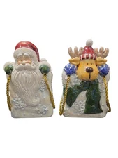 2 Holiday Ceramic Gift Bag Planters Reindeer W/ Snowflake and Santa W/ Snowflake