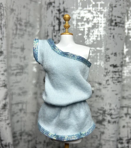 Vintage Genuine *Barbie* Clothes: Light-Blue One Shoulder Knit Top/Blouse