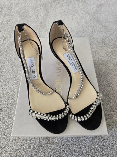 Jimmy Choo Black Suede Diamond Crystal Heels Shoes, 38.5