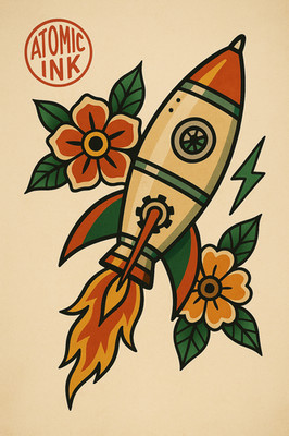 Atomrakete Tattoo Flash Space Ink Poster Druck gerahmte Leinwand Wandbild