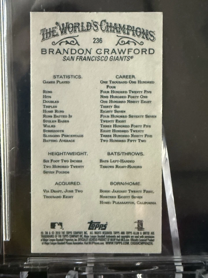 2025 Topps Signature Series Brandon Crawford 1/1 2019 Allen&Ginter Mini Giants - Image 4 of 4