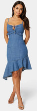 NWT Bebe Ruffle Hem Light 2000 Denim M Luxury Y2K Bodycon Midi Blue Baddie Dress