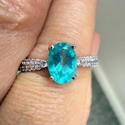 925 Sterling Silver Ring Oval Blue 7x5mm Natural Paraiba Topaz Gemstone Zircon