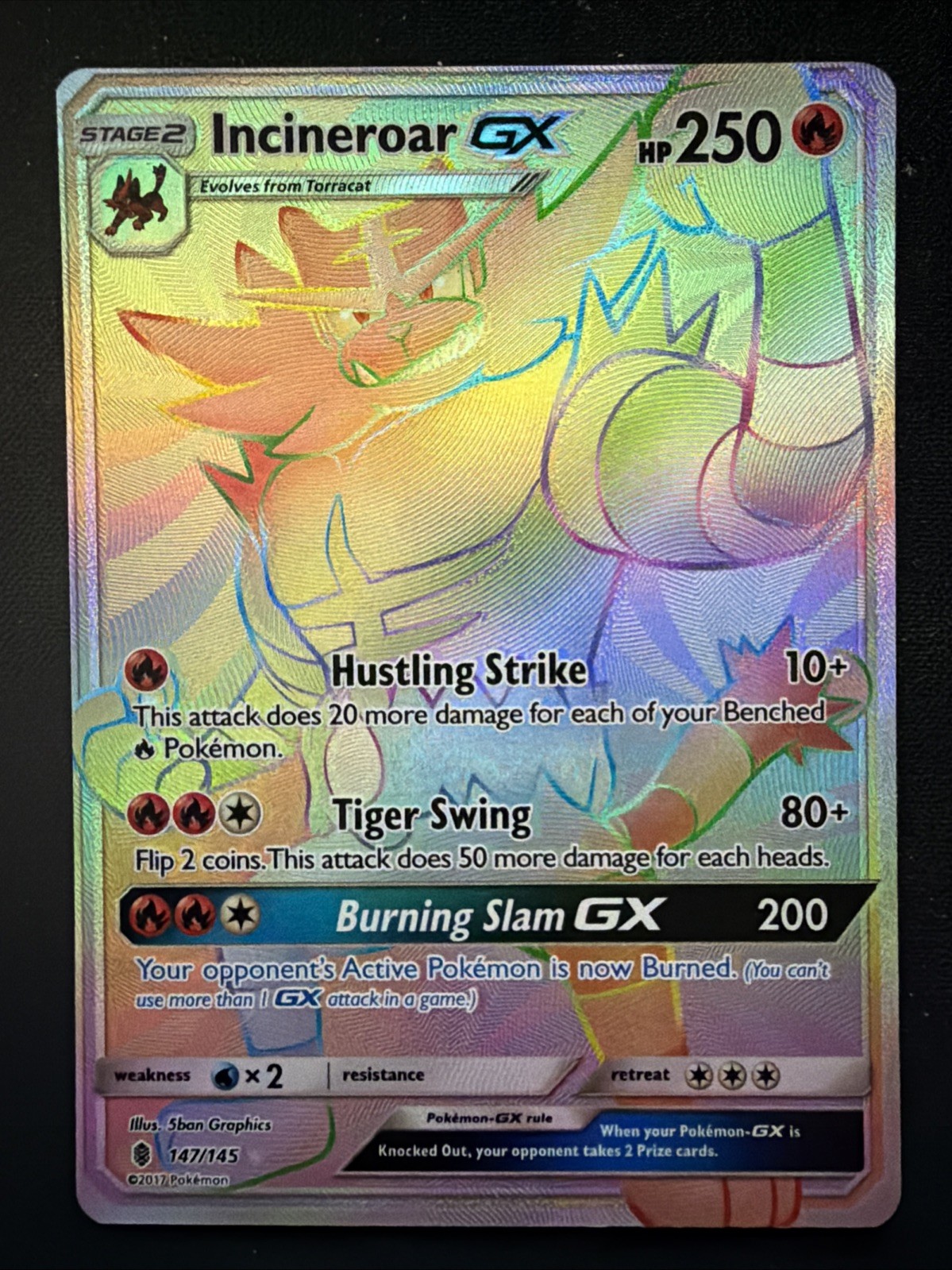 Incineroar GX - Secret Rare - 2017 Pokemon SM Guardians Rising 147/145 - Rainbow