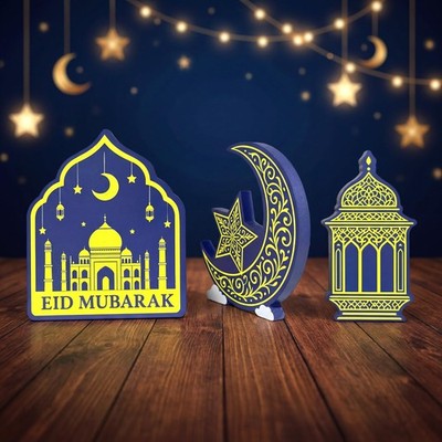 GITMIWS Ramadan Decorations for Home - 3-Pack Wooden Eid Mubarak 3 Patterns 