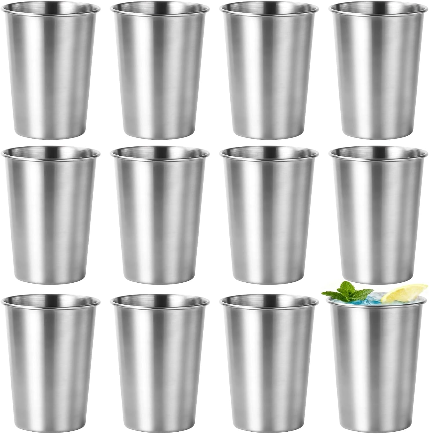 12 Pcs Stainless Steel Pint Cups for Drinking - 16.9 Oz Brushed Metal Drinkware