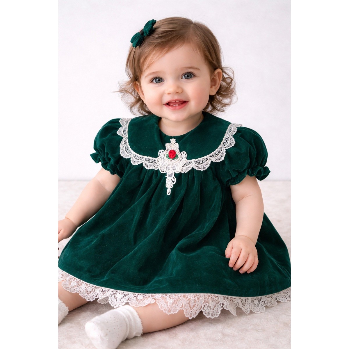 baby green velvet dress Green velvet dress with gold lace. Tutu dress with headband. First birthday dress. Royal Green and gold dress for baby girl