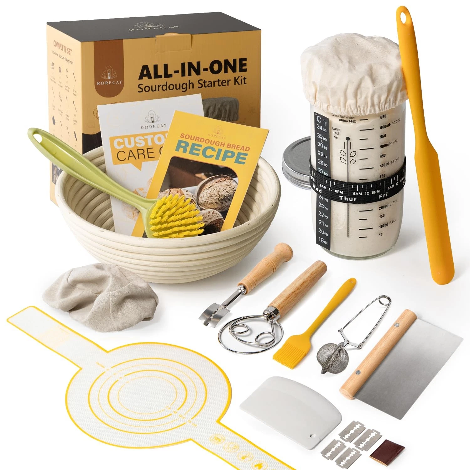 Sourdough Starter Kit, Banneton Bread Proofing Basket Set with 24oz Starter J...