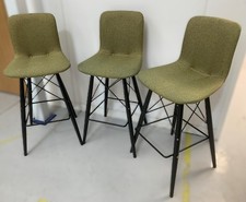 Set of 3 green fabric stools with black metal frame, seat height 77cm