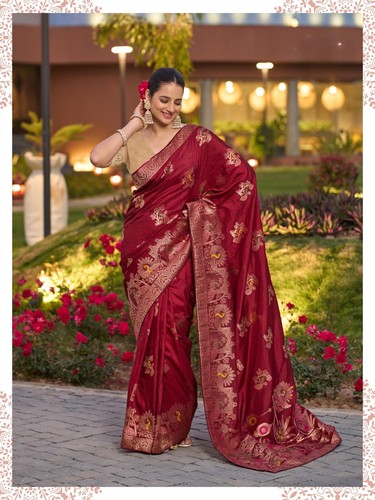 Wine Woven Dola Silk Wedding Women's Saree, Zari Work, Meenakari, Swarovski Work - Picture 15 of 17