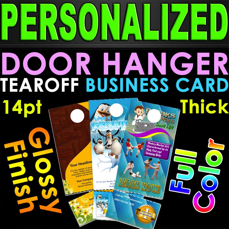 250 Door Hangers Tear Off Business Card GLOSSY Full Color 2 Sided Custom Print - Image 1 of 1