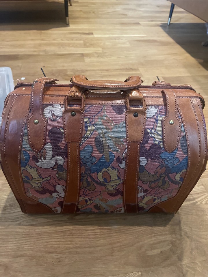 Vintage Disney Satchel Carry On Luggage Hinge Frame Leather Trim