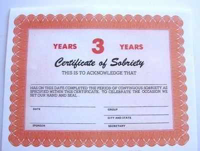 SW Alcoholics Anonymous AA Medallion Token Certificate of Sobriety 3 Year Award