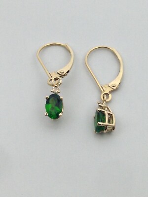 Natürliches Chromdiopsid mit Diamant Ohrhänger massiv 14kt Gelbgold