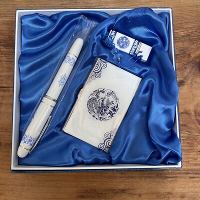 Asian Dragon Blue And White Porcelain Gel Pen, USB, And Business Card Holder Set