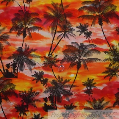 BonEful Fabric FQ Cotton Quilt Orange Red Yellow Pink Sky Beach Sunset Palm Tree - Image 1 of 4