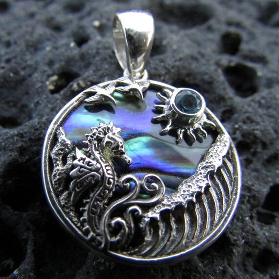 Seahorse Wave Necklace Pendant Blue Topaz Paua Abalone 