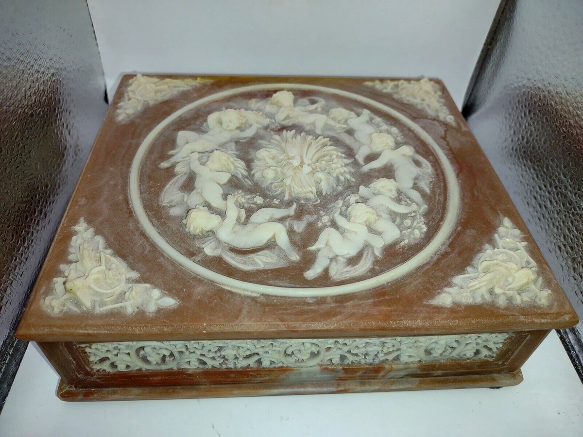 Vintage Incolay Stone Jewelry Keepsake Box Cherub Angels