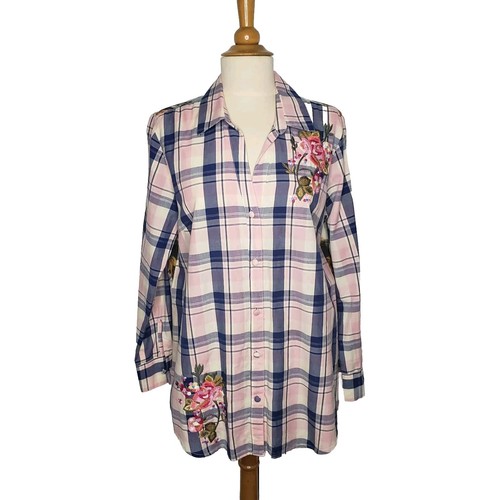 Soft Surroundings Mixed Media Top S Plaid Embroidered Mixed Print Hi Low Boho - 第 1/16 張圖片