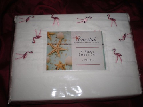 NIP COASTAL EMBROIDERED PINK FLAMINGO FULL SHEET SET 1FIT 1FLAT 2 STD PILLOW - Picture 8 of 8