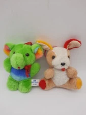 Vintage Dan Brechner 5" Green Elephant & Tan Dog Plush Colorful