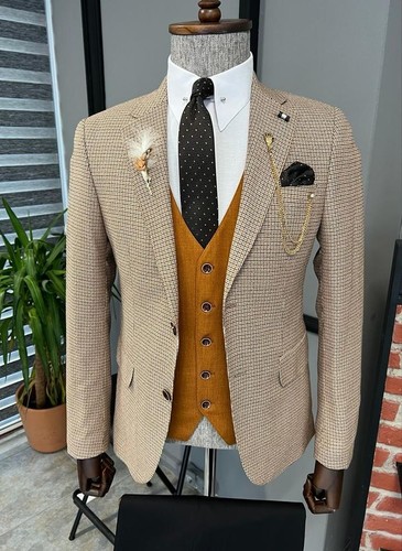 Men's Suit Brown Houndstooth Tweed Plaid Blazer Check Prom Groom Wedding Tuxedo