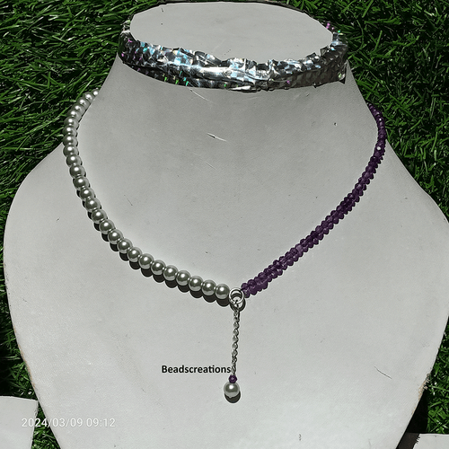 AAA Silver Pearl and Amethyst Beads Beaded Jewelry Silver Chain Necklace - Picture 2 of 4