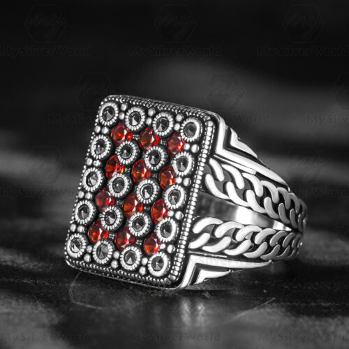 925 Sterling Silver Rectangle Marcasite and Red Cubic Zirconias Stone Men's Ring - Picture 1 of 3