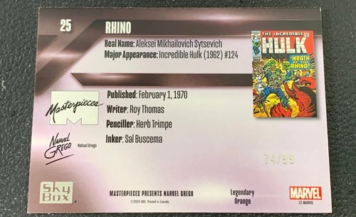 2024 Marvel Masterpieces Nahuel Grego Rhino Legendary Orange /99 - Picture 2 of 2