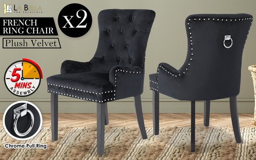 2X Dining Chair French Provincial Ring Studded Velvet Rubberwood LISSE - BLACK - Picture 2 of 12