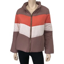 Elle Rae Women's Brown Multi Colorblock Softshell Puffer Zip Jacket Size M Nwt