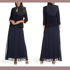 NWT 209 Alex Evenings 10 Sequin Mock Gown with Jacket in Navy Blue S424