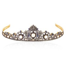 8.70ct Pearl Sapphire Diamond Gold Plated Tiara Crown 925 Sterling Silver