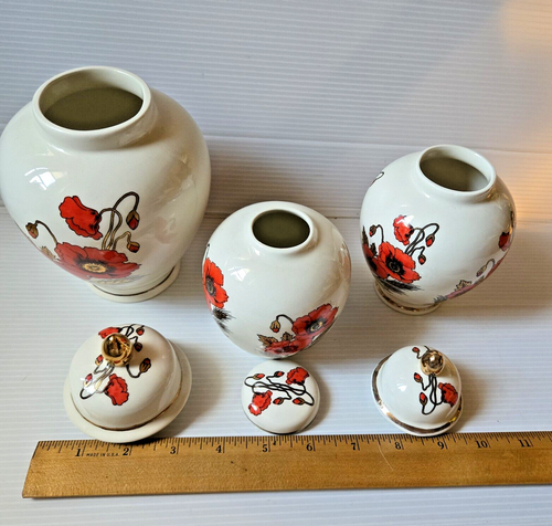 3 Porcelain GINGER JARS Painted By & Signed By RITA KENT 1981. Poppies & Gold. - Picture 8 of 11