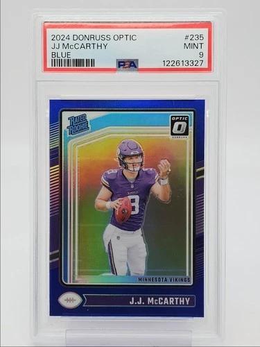 J.J. MCCARTHY 2024 DONRUSS OPTIC RATED ROOKIE BLUE PRIZM RC /199 PSA 9 Q4059