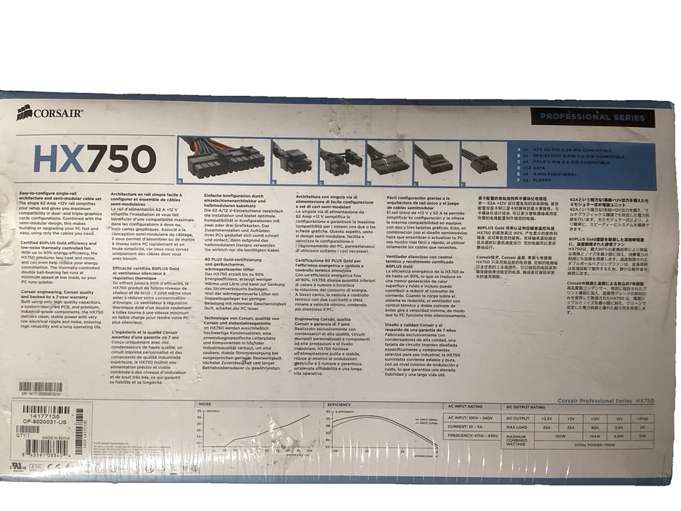 Corsair HX750 Professional Series 80 Plus Gold Certified Modular Power Supply - Image 2 of 4