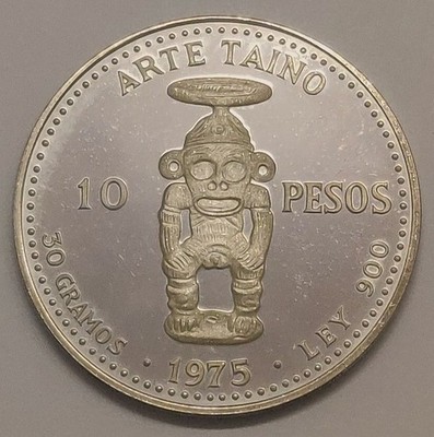 SCARCE GEM PROOF 1975 DOMINICAN REPUBLIC .900 SILVER 10 PESOS ~30 Gms, TAINO ART