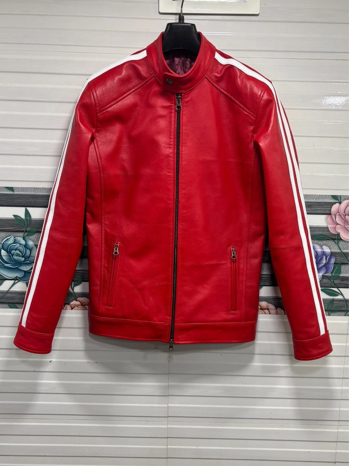 Men Red Bomber Pure Lambskin Leather Red With White Strip Varsity Style Coat