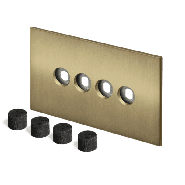 Retrotouch Aura Dimmer Plate 4 Gang with Black Knobs - Brushed Brass
