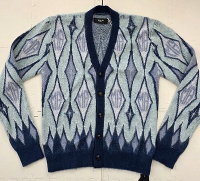 $1490 NWT AMIRI Argyle Monogram Mohair Alpaca Cardigan Sweater Blue M Medium